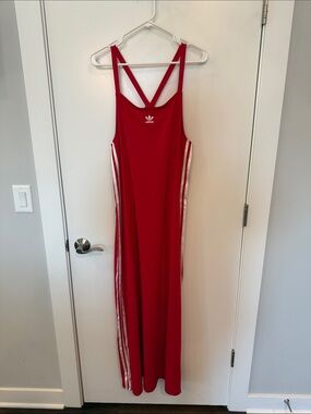 adidas Red Maxi Dress with White Side Stripes